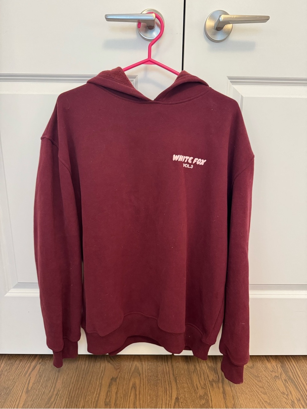 White fox burgundy hoodie with pink writing